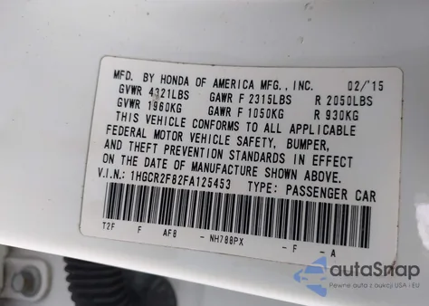 2015 Honda Accord Ex-L from USA, damaged, VIN 1HGCR2F82FA125453
